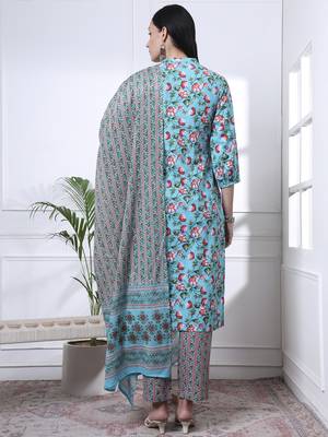 turquoise blue cotton blue straight kurta dupatta pant set 3