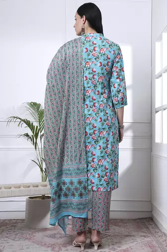 turquoise blue cotton blue straight kurta dupatta pant set