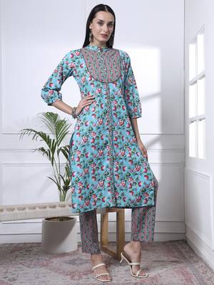 turquoise blue cotton blue straight kurta dupatta pant set 5