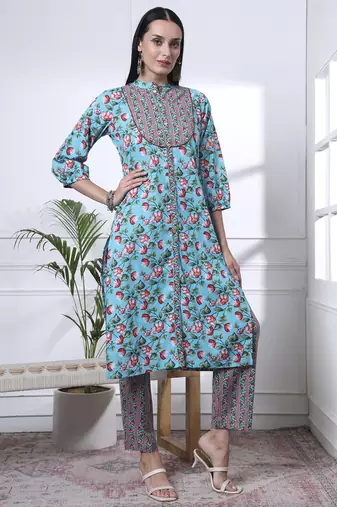 turquoise blue cotton blue straight kurta dupatta pant set