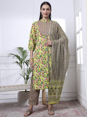 yellow cotton blue straight kurta dupatta pant set 1
