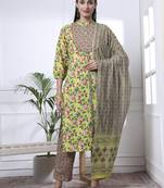 yellow cotton blue straight kurta dupatta pant set