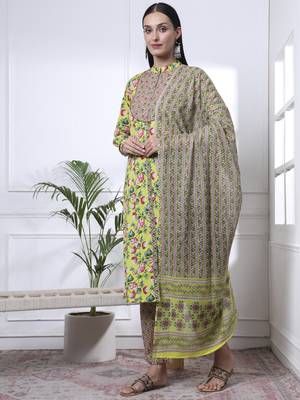 yellow cotton blue straight kurta dupatta pant set 2