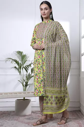 yellow cotton blue straight kurta dupatta pant set