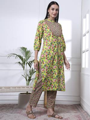yellow cotton blue straight kurta dupatta pant set 5