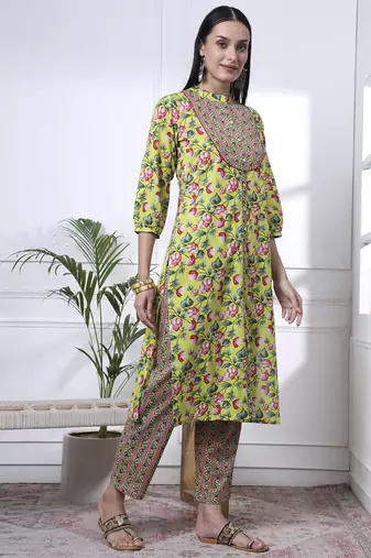 yellow cotton blue straight kurta dupatta pant set