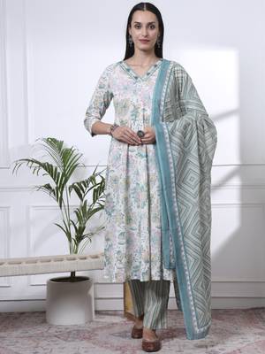 sea green and white floral print anarkali kurta trouser dupatta set 1