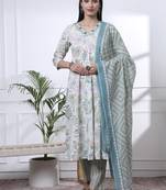 sea green and white floral print anarkali kurta trouser dupatta set