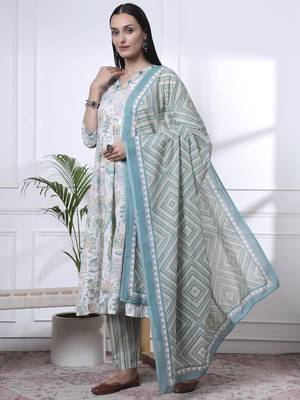 sea green and white floral print anarkali kurta trouser dupatta set 2