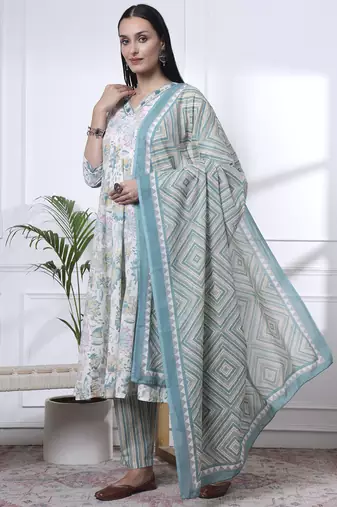 sea green and white floral print anarkali kurta trouser dupatta set