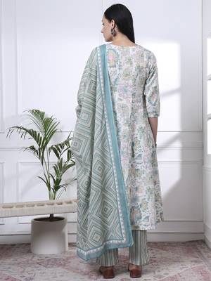 sea green and white floral print anarkali kurta trouser dupatta set 3