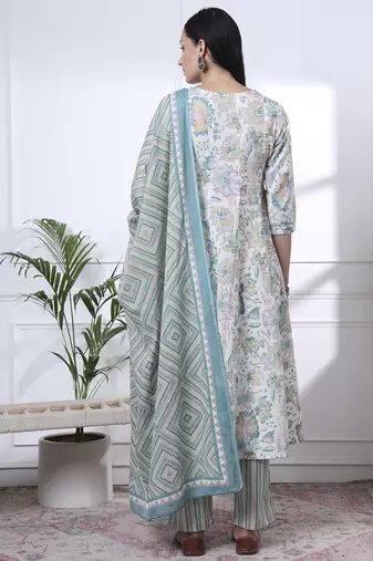 sea green and white floral print anarkali kurta trouser dupatta set