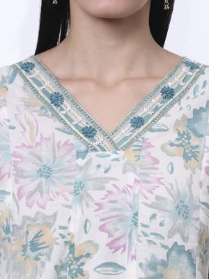 sea green and white floral print anarkali kurta trouser dupatta set 4