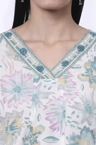 sea green and white floral print anarkali kurta trouser dupatta set