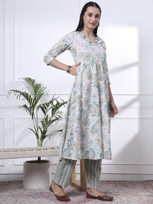sea green and white floral print anarkali kurta trouser dupatta set 5