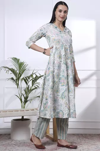 sea green and white floral print anarkali kurta trouser dupatta set