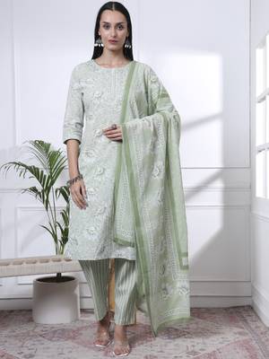 sea green floral print thread work straight kurta trouser dupatta set 1