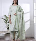 sea green floral print thread work straight kurta trouser dupatta set