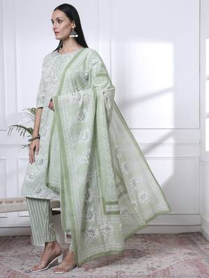 sea green floral print thread work straight kurta trouser dupatta set 2