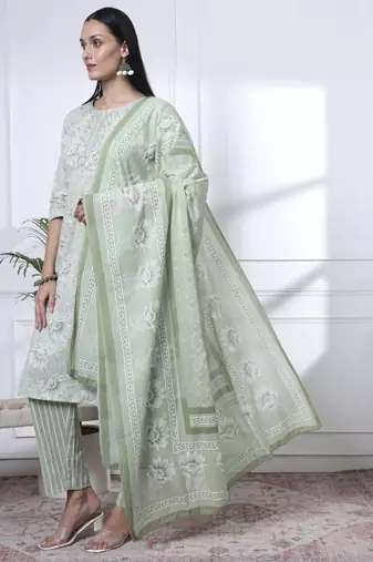 sea green floral print thread work straight kurta trouser dupatta set