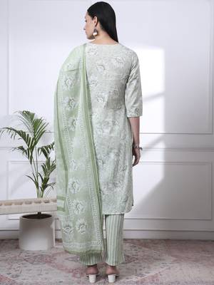sea green floral print thread work straight kurta trouser dupatta set 3