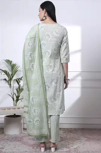 sea green floral print thread work straight kurta trouser dupatta set