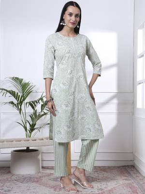 sea green floral print thread work straight kurta trouser dupatta set 5