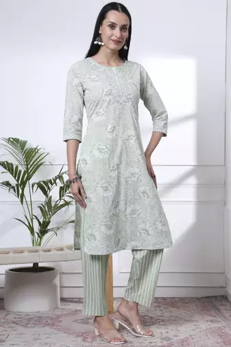 sea green floral print thread work straight kurta trouser dupatta set