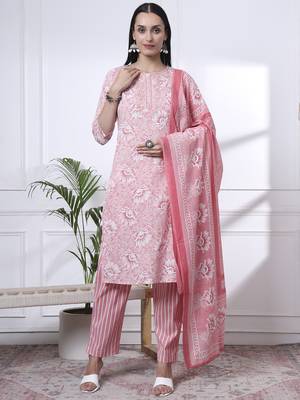 pink floral print thread work straight kurta trouser dupatta set 1