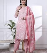 pink floral print thread work straight kurta trouser dupatta set