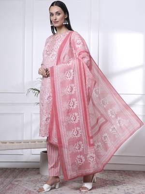 pink floral print thread work straight kurta trouser dupatta set 2