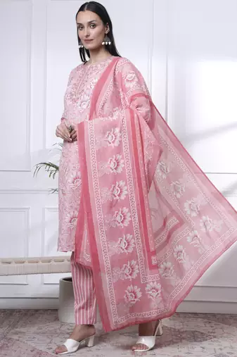 pink floral print thread work straight kurta trouser dupatta set