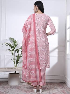 pink floral print thread work straight kurta trouser dupatta set 3