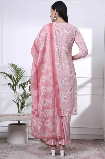 pink floral print thread work straight kurta trouser dupatta set