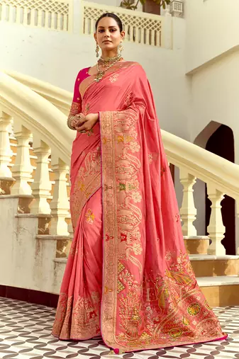 Silk blend weaving salmon saree
