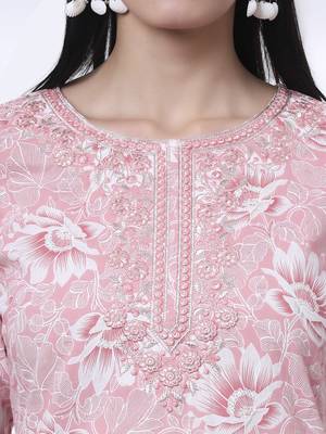 pink floral print thread work straight kurta trouser dupatta set 4
