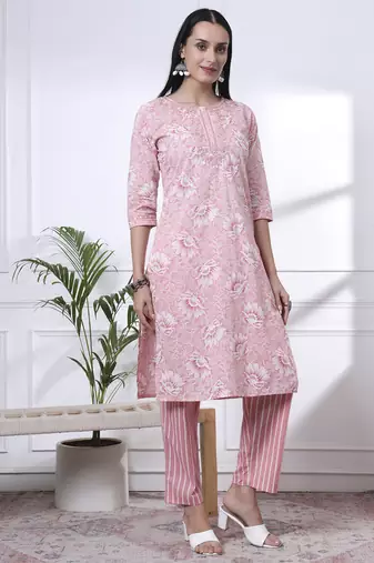 pink floral print thread work straight kurta trouser dupatta set