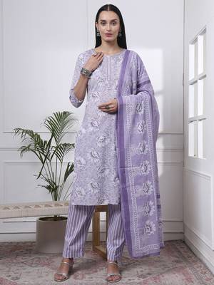 purple floral print thread work straight kurta trouser dupatta set 1