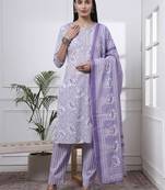purple floral print thread work straight kurta trouser dupatta set