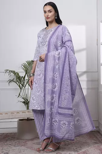 purple floral print thread work straight kurta trouser dupatta set