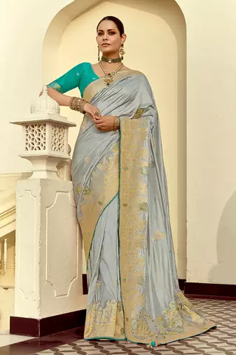 Silk blend weaving light grey saree