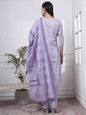 purple floral print thread work straight kurta trouser dupatta set 3