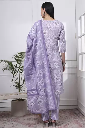 purple floral print thread work straight kurta trouser dupatta set