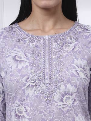 purple floral print thread work straight kurta trouser dupatta set 4