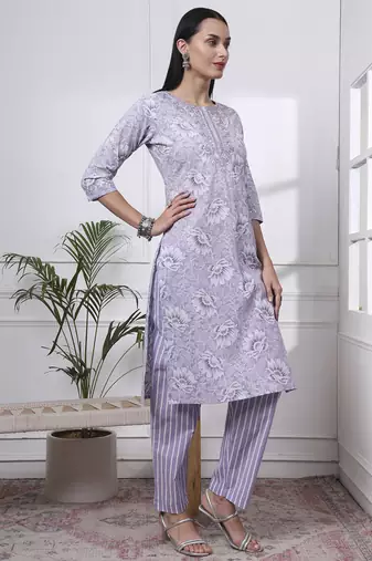 purple floral print thread work straight kurta trouser dupatta set
