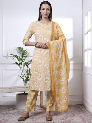 yellow floral print thread work straight kurta trouser dupatta set 1