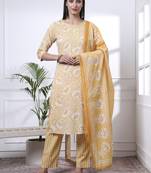 yellow floral print thread work straight kurta trouser dupatta set