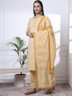 yellow floral print thread work straight kurta trouser dupatta set 2