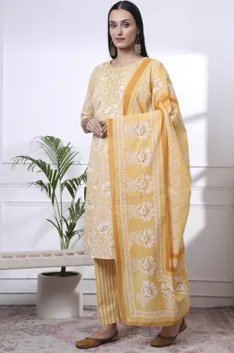 yellow floral print thread work straight kurta trouser dupatta set