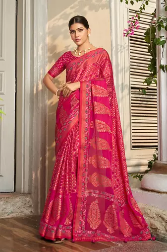 Georgette printed rani pink saree